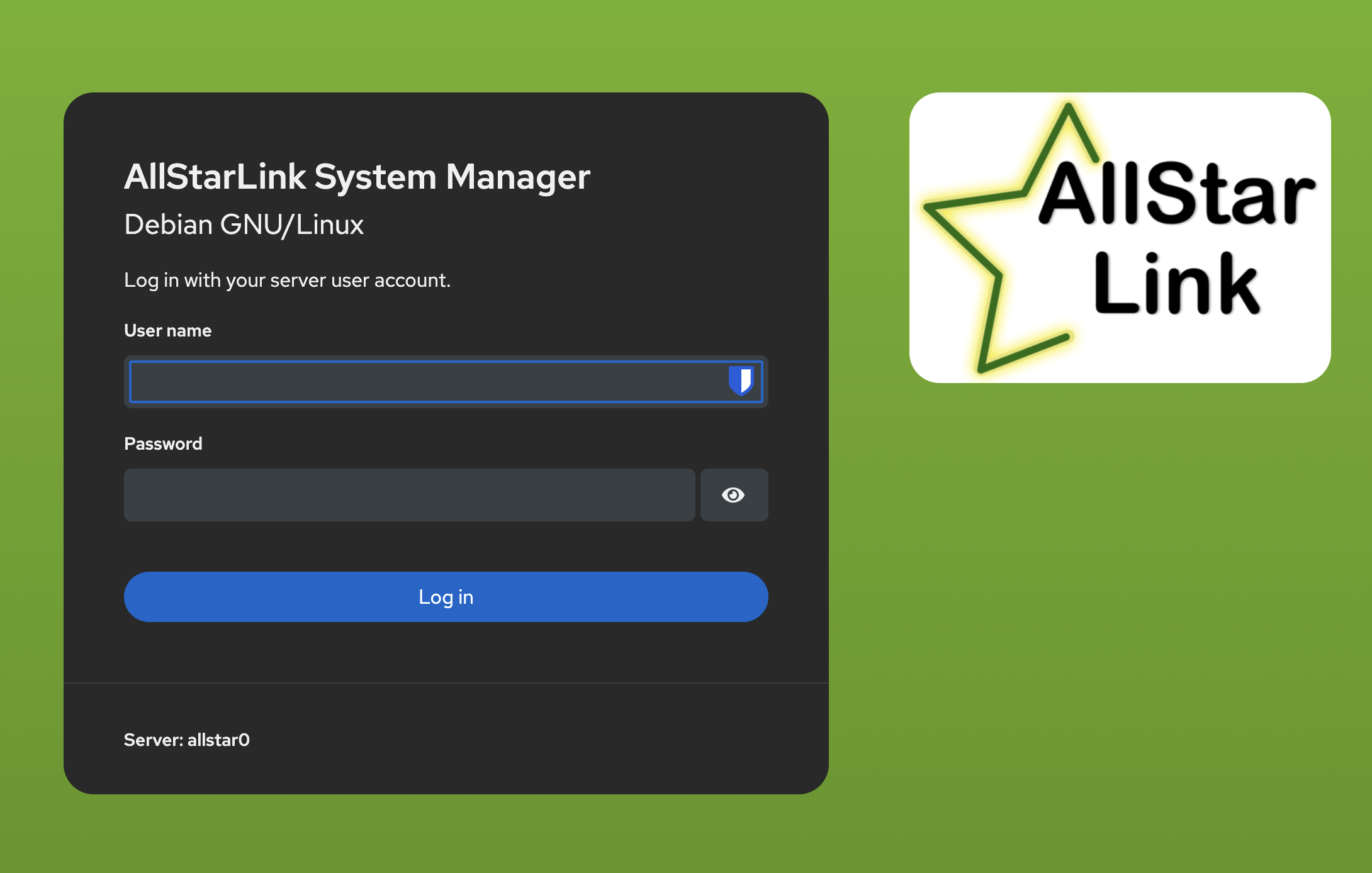 AllStarLink Web Admin Portal login screen